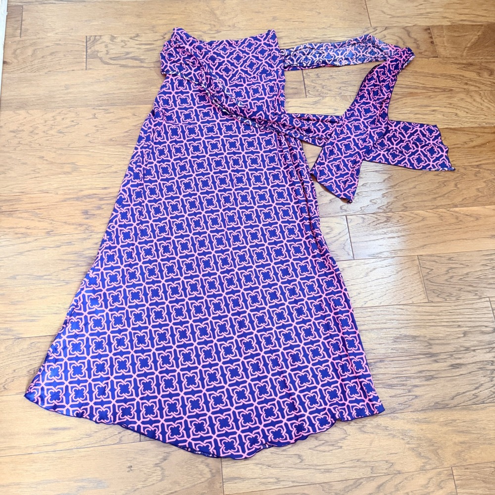 Escapada Women Small Strapless Maxi Dress Geometric Pink Navy Blue Smocked